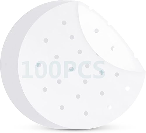 GeeRic Papel de pergamino al vapor, forros de papel pergamino para freidora de aire de 8 pulgadas, 100 forros redondos de bambú perforados, forro