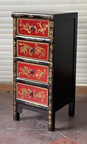 Kunibert Commode chinoise antique Tibet Buffet Asia Buffet chinois avec 4 tiroirs Largeur 38 x Hauteur 88 cm Couleur : noyer avec or