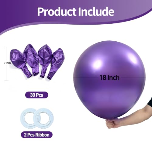 Image of KALOR 18 Inch Metallic Purple Large Latex Round Balloons 30-Pack
