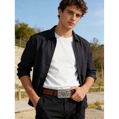 Image of Mawjom Western Cowboy PU Leather Belt - Men Waist Strap Bull Decoration Floral Engraved for Jeans 25 inch to 38 inch Waist