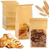 HONKID Bread and Cookie Bags with Seal, 50 Pack 11 x 5.1 x 3.9 Inches Bakery Bags with Window Reusable Tin Tie Tab Lock for Sealed Baked Goods Packaging for Pastry Bagels Breads Treats Cookies Brown