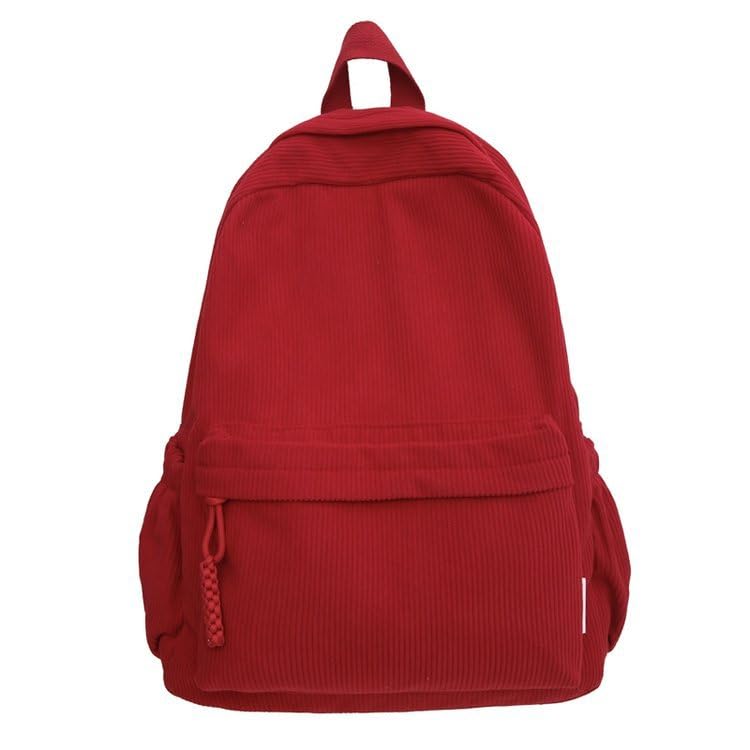 Kawaii Y2k Aesthetic Cute Soft & Chic Minimalist Pure Color Corduroy Backpack for Campus (Red)