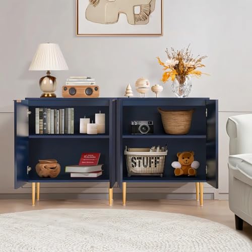 Image of Floated Panel Wooden Sideboard Cabinet | 2 Door Storage Unit with Metal Legs | Premium HDMR Wood Console Cabinet for Living Room, Kitchen & Dining | DIY Leg Assembly | Blue