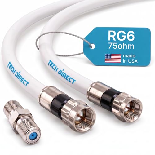 TechDirect 3FT RG6 Coaxial Cable White - High Speed Internet, Cable TV, Antenna, Satellite Broadband Low Resistance RG6 Coax Cable Cord Low Loss TV Cable Extension Wire with Connectors Extra-Durable