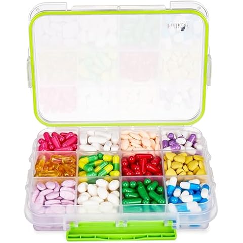 Fullicon Supplement Organizer with 12 Extra Large Compartment, Daily Travel Moisture Proof Pill Case with Removable Dividers, Large Pill Box for Vitamin with 3 Secured Buckles (Green) Cover