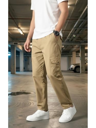 Image of Men's Cargo Trousers-100% Premium Cotton Regular Fit Lightweight Breathable Elastic Waist Multi-Pocket Casual Utility Pants