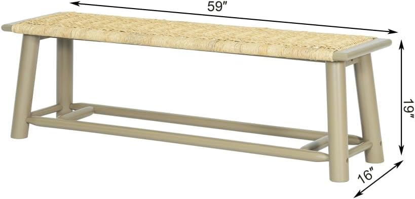 Farmhouse Bench Solid Wood Rattan - 59 Inch Indoor Outdoor Seating Multi-Functional Design for Living Room Porch Entryway Rustic Style Home Decor