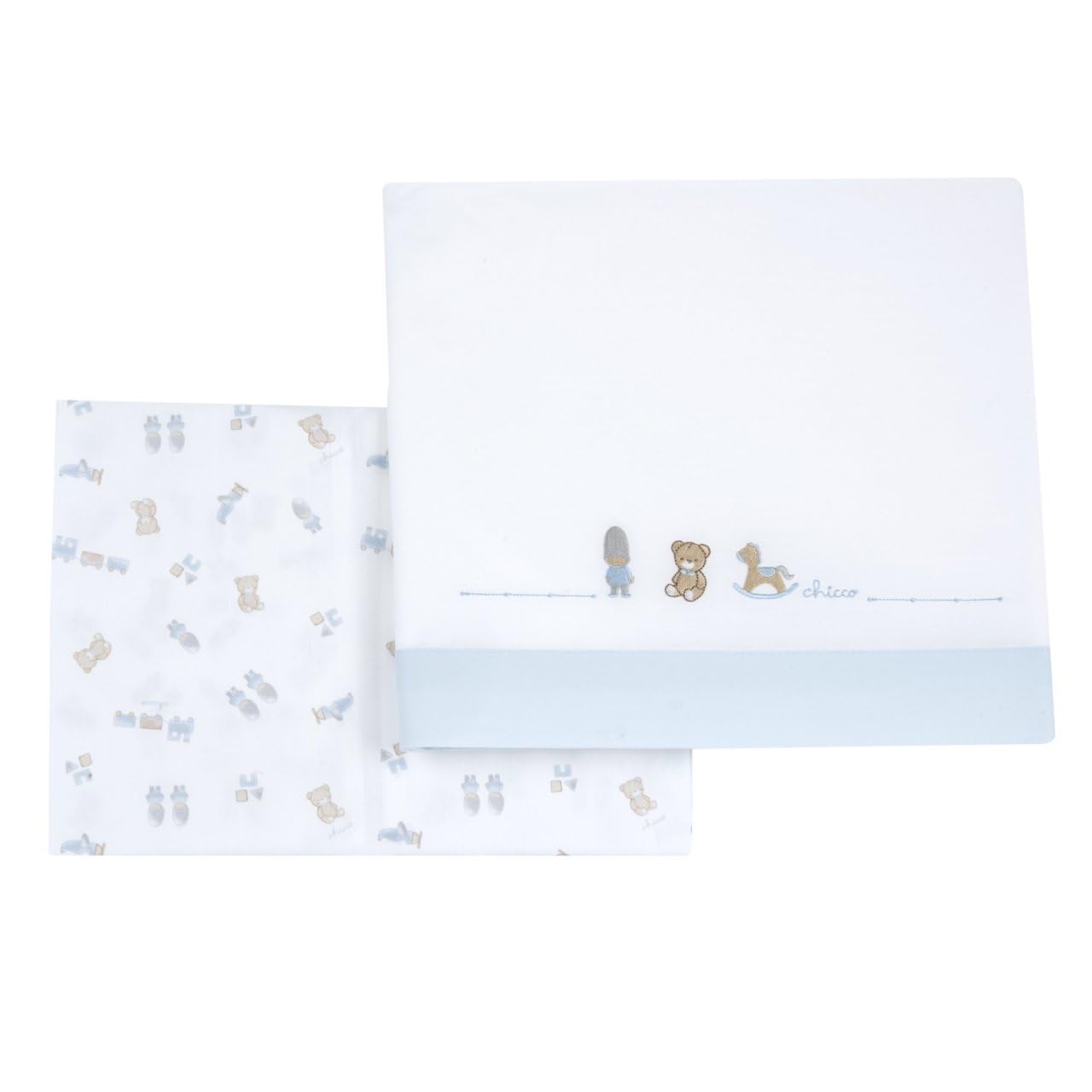 Chicco, Set lunzuola carrozzino bambini, 100% Cotone (Bianco/Celeste con fantasia)