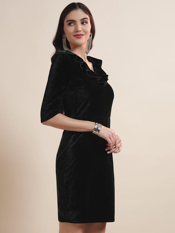 Image of Vaararo V-Neck Party Dress for Women Bodycon | Shiny Velvet Half Sleeves Above Knee Length Outfit
