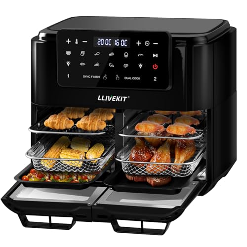 LLIVEKIT Heteluchtfriteuse, 12 l, Air Fryer met afneembare scheidingswand, voor 5,5 l dubbele zone, Sync Finish & Dual Cook, binnenverlichting, 10 programma's, 9 accessoires, 2400 W, zwart