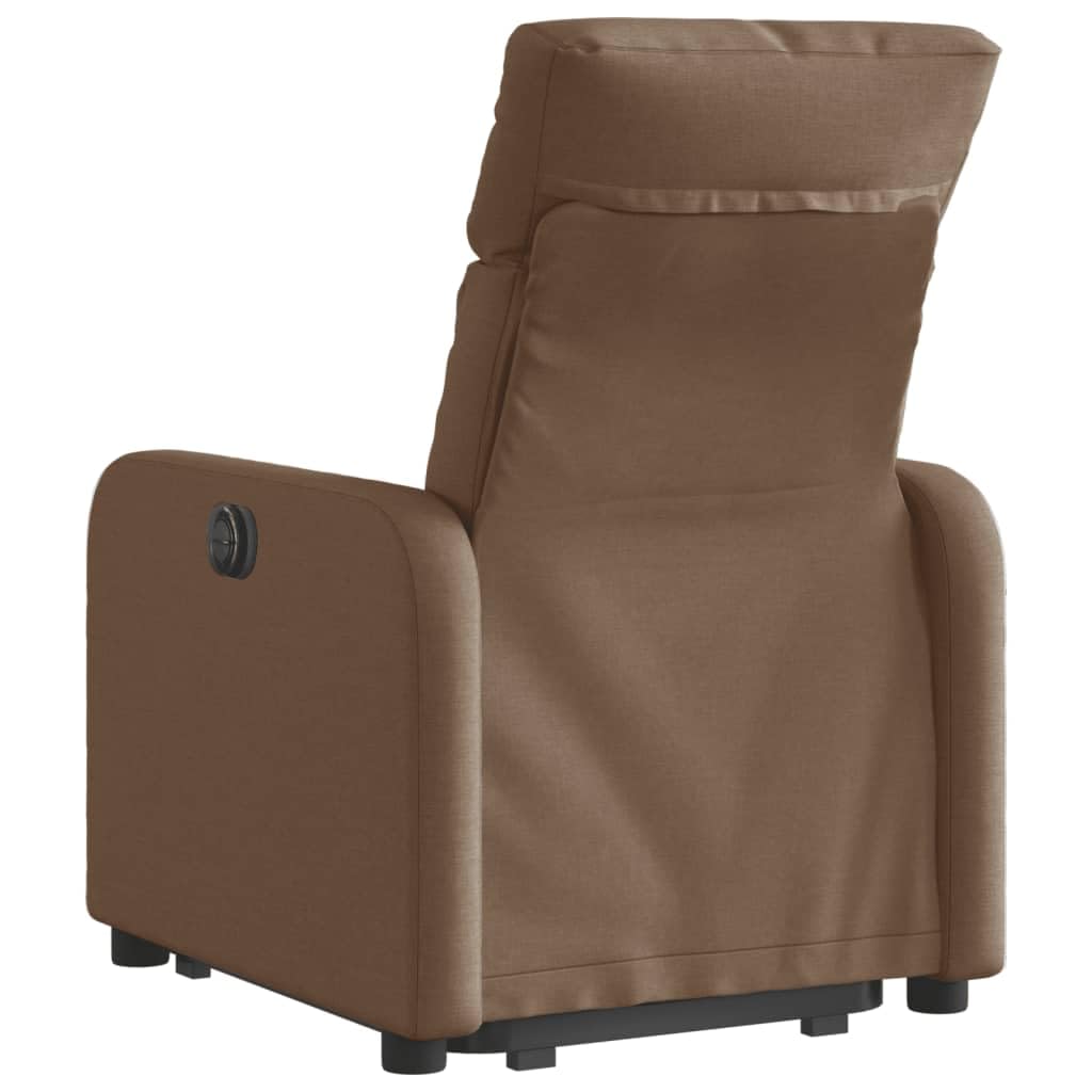 Sillón elevador reclinable eléctrico marrón tejido con motor para elevación y función reclinación automática hasta 135 grados, estructura estable de madera y metal,