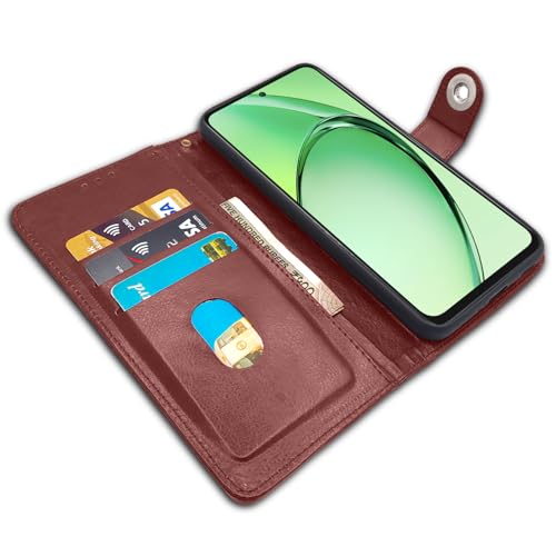 Image of Pikkme Flip Cover Leather Finish | Inside TPU with Card Pockets | Wallet Stand and Shock Proof | Complete Protection Button Flip Case for Oppo K12x 5G (Brown)
