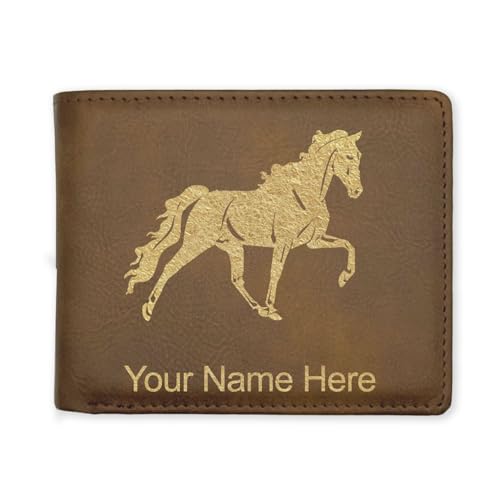 LaserGram Faux Leather Bi-Fold Wallet, Horse, Personalized Engraving Included (Rustic with Gold)