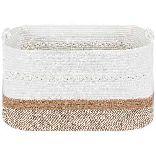 VSIWB Cotton Rope Laundry Basket with Handle Large Woven Storage Baskets Blanket Kids Toy Storage Organiser Dirty Clothes Laundry Hamper for Living Room Nursery Bedroom White & Brown 55x38x30 cm 65L