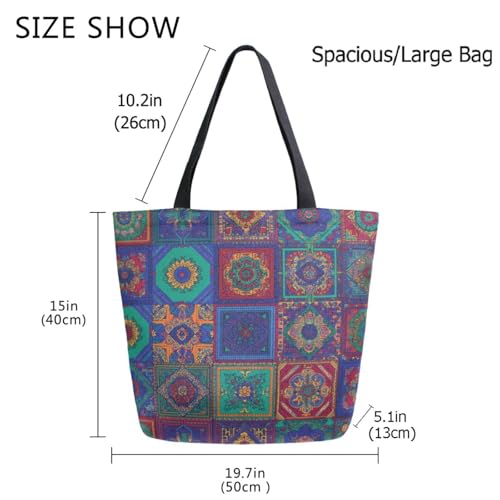 Vibrant Checks Mandala Pattern Extra Large Canvas Gym Shoulder Tote,Durable Daily Reusable Top Handle Bag for Mens Womens Yoga Weekender Picnic Beach Travel Market Shopping3