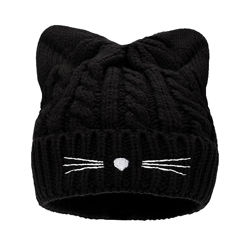 LUCKYBUNNY Women Girls Cute Cat Ears Beanie Hat Winter Crochet Knit Cap (Knitted Cat Ears Style - Black)