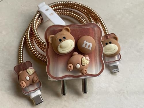 Image of Dezet for iPhone Charger 18-20W Cute Cartoon Charging Cable Protector Set for iPhone Fast Charging USB Cable with Protective Silicone Cover & Organizer Clip Stylish Design (M 11 BROWN)