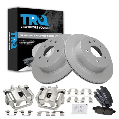 Image of TRQ Rear Brake Pad and Rotor Set Ceramic Coated Rotors Calipers Compatible with 2013-2017 Nissan LEAF 2014-2017 Rogue