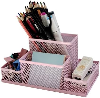 Soporte para lápices organizador de escritorio de malla metálica con 4 compartimentos, color rosa claro
