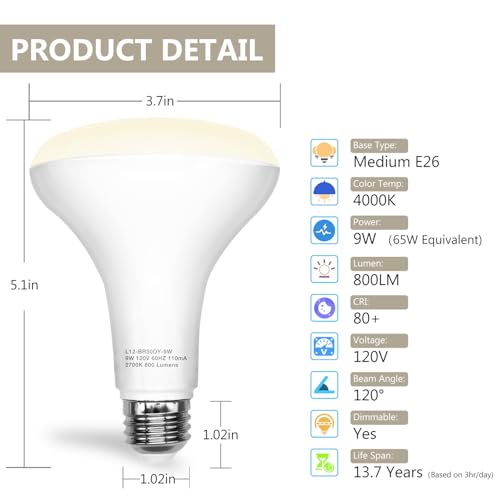 Image of DAYBETTER BR30 LED Light Bulbs Indoor Flood Light 65W Equivalent, Neutral White 4000K, 12Pack Dimmable Recessed Bulb for Bedroom Kitchen Living Areas, E26 Standard Base, 800 Lumens