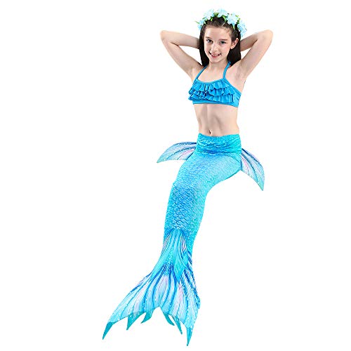 Danvren Girls Swimsuit Mermaid Tails for Swimming Party Supplies Costume Swimwear Bikini 3 Pcs for 3-12Y (Crystal Blue Design,3-4 T - Thumbnail 7