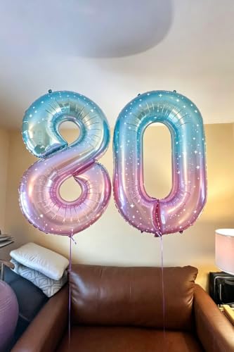 Image of Number Balloons 8 Balloon 40 inch for 8 Birthday Decorations, Blue and Pink | Saturated Color, Large 40 in, With Inflation Straw & Hanging Hole, Great for Men's Party, Back-To-School Season, Pool Party