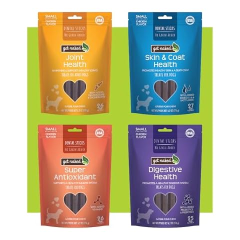 Get Naked Dental Sticks Grain-Free Chicken Flavor Dog Treats Variety Pack, Digestive Health + Skin & Coat + Joint Health + Super Antioxidant, Total 4 Bags, 24.8-oz, 64 Sticks Cover