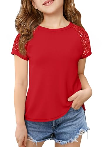 Image of Haloumoning Girls Sequin Short Sleeve T Shirts Kids Summer Crewneck Tops Fashion Tees 5-14 Years