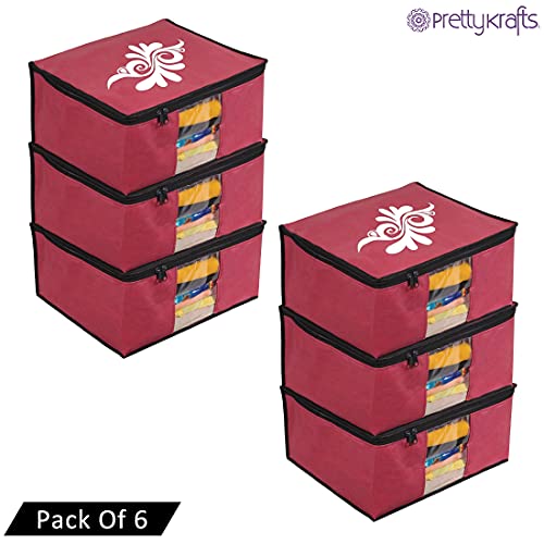 Image of PrettyKrafts Large Saree Cover With Creative Prints, Wardrobe Organiser, Clothes Cover & Storage, Zip Closure and Transparent Window | Clothes Storage Bag | Set of 6, Maroon | Size: 40 x 35 x 20 cm