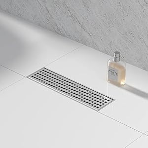 Linear Shower Drain 12″, 304 Stainless Steel Floor Drain with Grid Drain Cover & Hair Strainer, Rectangular Shower Drain w/CUPC Certified, Brushed