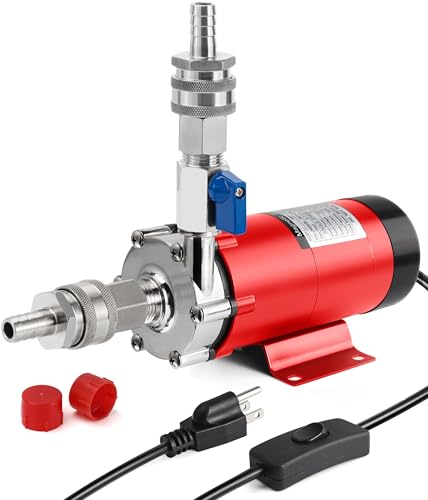 Hilangsan Wort Pump High Temp Brewing Pump Food Grade Pump Stainless Steel Head brew Pump Homebrew pump Wort Transfer Pump with Inline Switch Mini Ball Valve Quick Disconnects (Red)