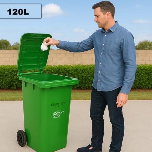 Image of Mumma's LIFE Plastic Manual-Lift 120 Ltr Wheel Garbage Dustbin with Lid & Wheels (Green)