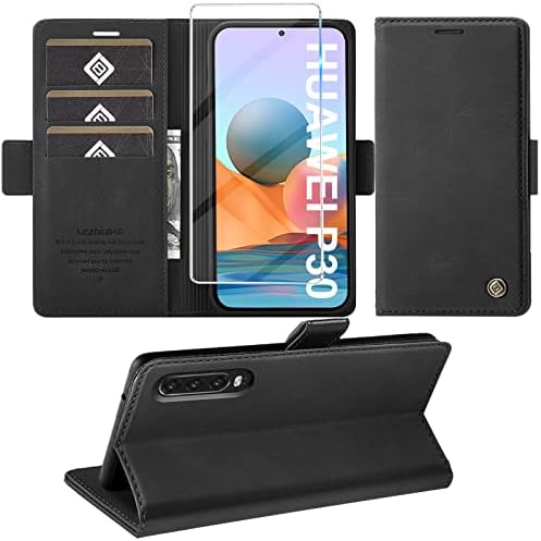 Giyer Handyhülle für Huawei P30 Hülle mit Schutzfolie, Standfunktion Kartenfach Wallet Premium Leder Schutzhülle P30 Flip Case Cover Stoßfeste Klapphülle P30 6.1 Zoll