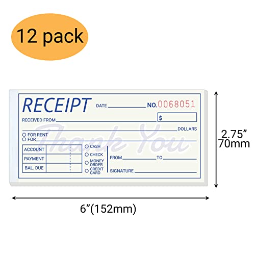 Suituts [12 Books] Money And Rent Receipt Books, Pocket Size 2.75X6 Inch 2-Part Carbonless Receipt Book For Small Business (50 Sets Per Book) #TOP1