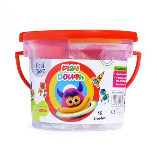Image of Kores Play Dough - 400 g (16 Shades) | Non-Toxic Soft Modelling Clay with 8 Moulds, 2 Impression Moulds, 1 Cutter & 1 Roller |Creative Art Set for Kids | Fun Learning & Sensory Play Bucket