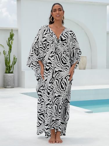 Image of IMAGEKOPE Women's Plus Size Animal Print V-Neck Batwing Kaftan Beach Dress Bathing Suit Cover-Up Loungewear