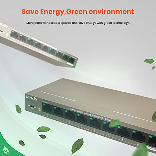 Image of Tenda 9 Port Gigabit PoE Switch, Network Switch with 8 Port PoE+@102W, 1*Gigabit Uplink, Plug & Play, VLAN /Extend Mode, for IP Cameras /VoIP Phones, Sturdy Metal, Wall Mount (TEG1109P)
