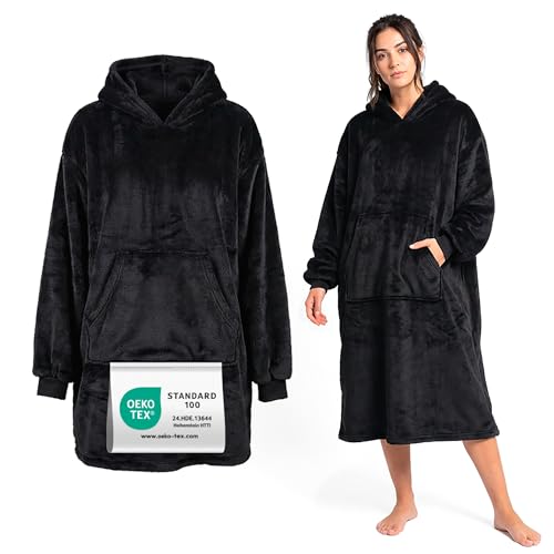 my STITCHERY Hoodie Decke Oeko-TEX Standard 100 - Kuscheliger Sherpa Deckenpullover mit Ärmeln Kapuze & Kängurutasche - Warmer Blanket Hoodie als ausgefallene Geschenkidee (Schwarz)