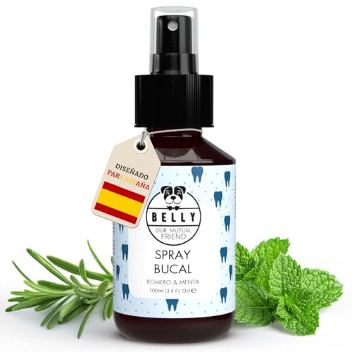 Belly Spray Bucal Eliminar Mal Aliento Perros, 100ml - Elimina Sarro y Placa - Spray Dental Perros con Menta y Romero - Limpia Dientes Perro, Alternativa al Cepillo de Dientes