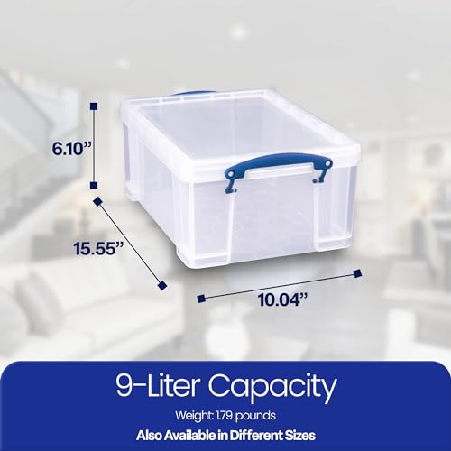 Image of Really Useful Box 9 Liter Plastic Stackable Storage Container with Snap Lid & Built-in Clip Lock Handles for Home or Office Organization, Clear