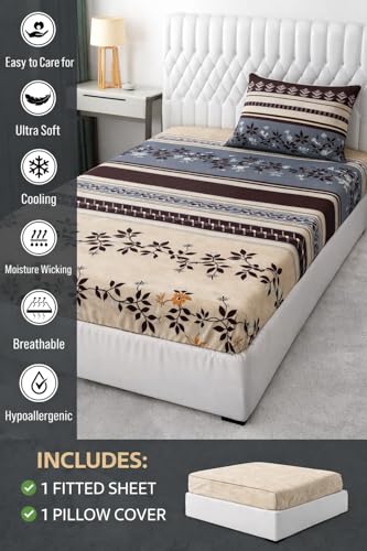 Image of Single Size Elastic Fitted Bedsheet with 1 Pillow Cover - Glace Cotton, Fits 48x72 Inch Mattress (up to 8-inch Depth), All-Around Elastic,Wine Floral