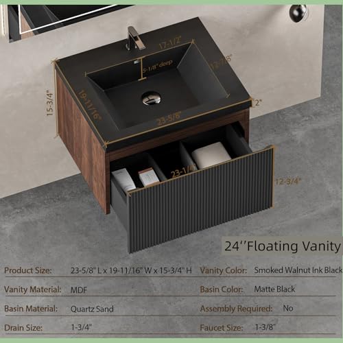 Image of Wall Mounted Bathroom Sink Vanity, Modern 24 inch Floating Vanity with Resin Top Basin Sink and U-Shaped Soft-Close Storage Drawer, Striped Bathroom Storage Cabinet with Invisible Handle, Black