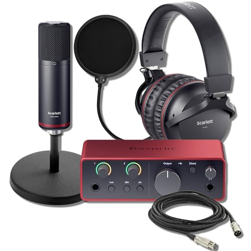 Focusrite Scarlett Solo Studio 4th Gen USB Audio Interface Tabletop Bundle with CM25 MkIII Mic, SH-450 Headphones, On-Stage Desktop Stand, and Pop Filter — 24-Bit/192kHz, Air Mode, Auto Gain