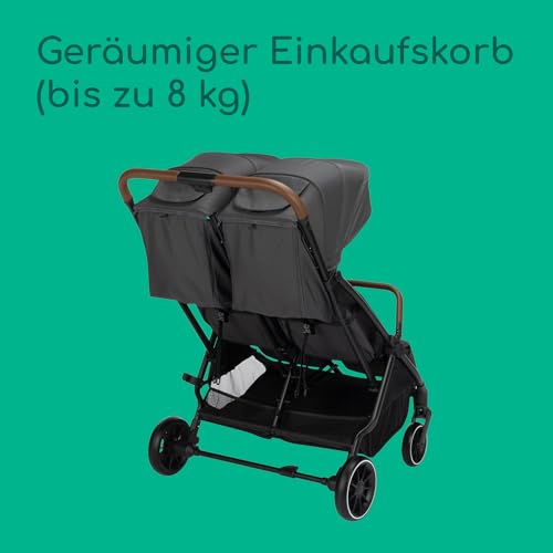 Bebeconfort Mane, Duo Geschwisterwagen, 0+ bis 22 kg, Automatisches Klappsystem, Liegeposition, Drehbare Sicherheitsbügel, 5-Punkt-Gurt, Mesh-Fenster, Regenverdeck, Tasche (8 kg), Mineral Graphite