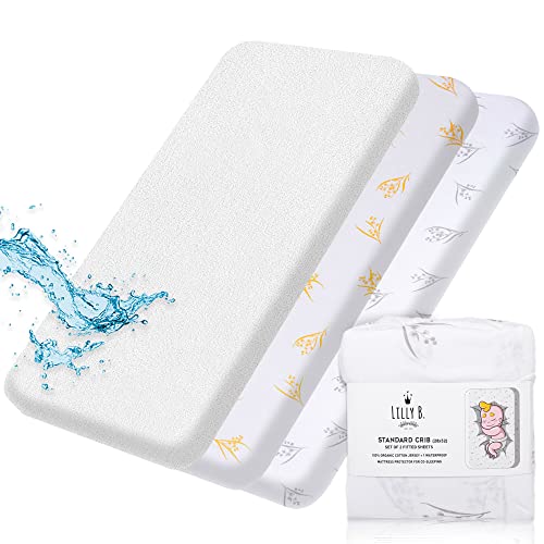 Image of Lilly B. Pack of 3-100% Organic Cotton 2 Crib Fitted Sheet + 1 Waterproof Mattress Protector for Baby Boys and Girls, Certified by GOTS and Oeko TEX, fits All Shapes up to (52Lx 28Wx 6H) inch