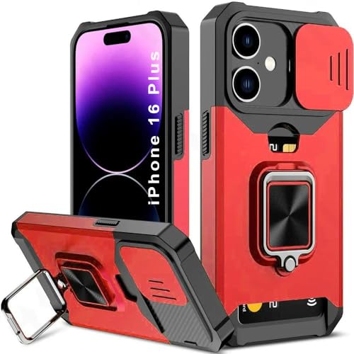 Image of LuxuryKase Shockproof Armor Case for iPhone 16 Plus | Slide Camera Cover | Hidden Card Slot | Rotating Ring Kickstand | Magnetic Car Mount Support | Military Grade Protection - Red