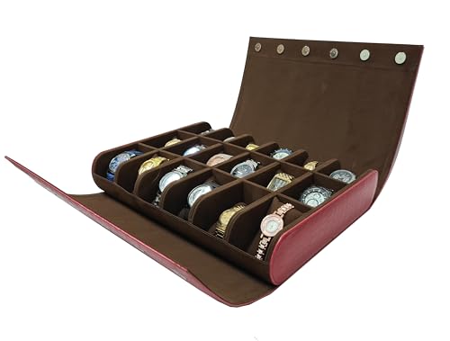 Image of essart 18-Slot Travel Watch Organizer - Elegant PU Leather Watch Roll for Collectors, Scratch-Proof & Portable Storage in Croco-Maroon Color