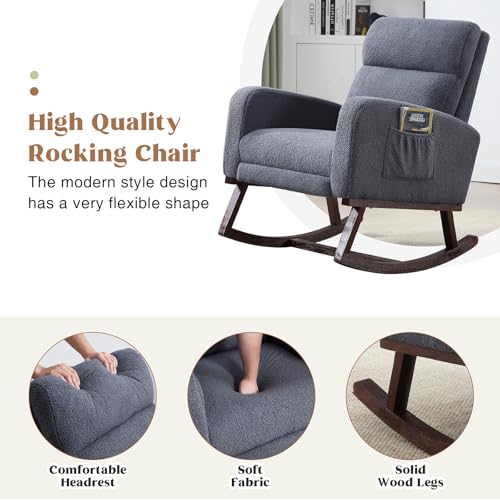 Rocking Chair Nursery with Foot Rest, Teddy Nursing Rocking Chairs for Mom Breastfeeding, Rocker Glider Chair with High Backrest for Living Room, Bedroom, Dark Grey