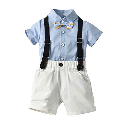 Baby Boys 2Pcs Gentleman Suit Outfits Clothes Set for Toddler Kids Newborn Striped Bow Tie Short Sleeve Shirt+Suspenders Shorts (Blue, 18-24 Months)