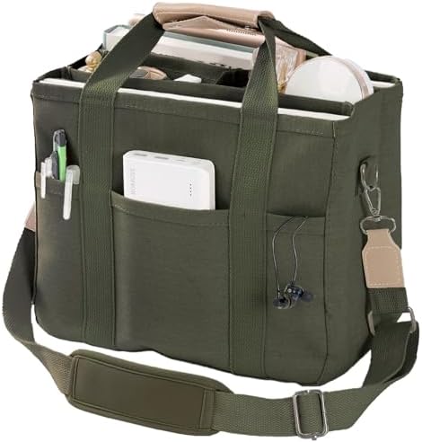 JIECH Canvas Tote Bag with Multi Pockets Crossbody Tote Bag for Women Bible Handbag Everything Tote Bags with Compartments